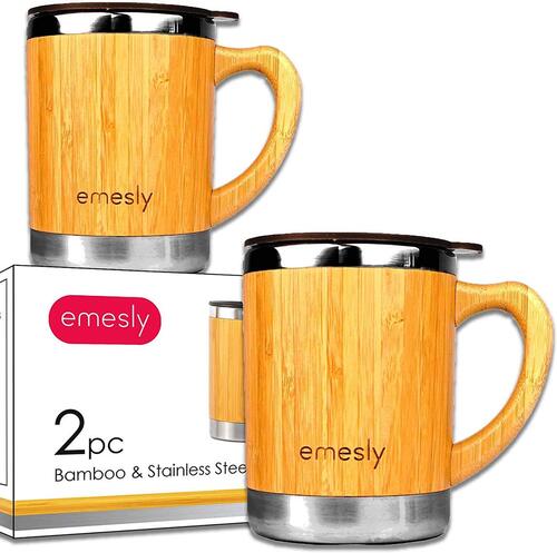 Emesly 2 pcs Stainless Steel Insulated Bamboo Coffee Mugs Tumblers Cups with Spill Resistant Proof Lids
