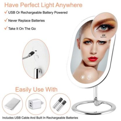 Fugetek 3 Color Lighted 10x Magnification Vanity Makeup Mirror features USB and Rechargeable Battery Power
