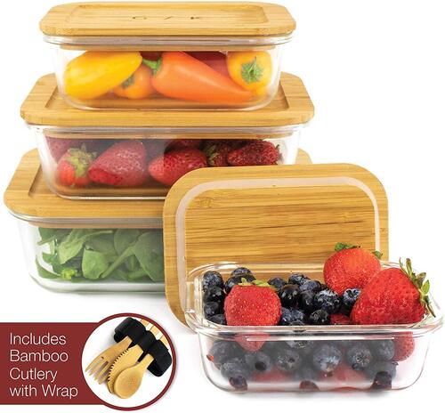 Gramercy Kitchen Company BPA and Plastic Free 4 pcs Glass Food Storage Containers includes Reusable Bamboo Cutlery with Wrap