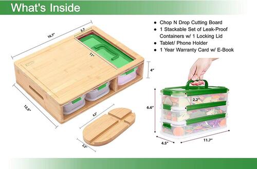 Chop N Drop Bamboo Cutting Board with Silicone Reinforced Locking Containers
