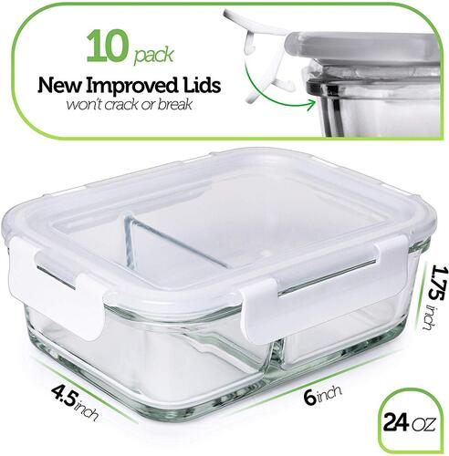 Prep Naturals BPA free 10 pack 24oz Leakproof Borosilicate Glass Food Storage Containers with Lids