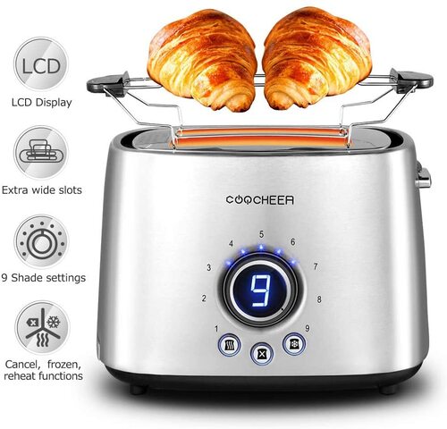 COOCHEER Stainless Steel 2 Slice Toaster with 2 Self-adjusting Slots