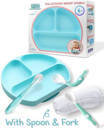 Randconcept Baby Silicone Suction Plate includes Spoons and Forks Set with Case