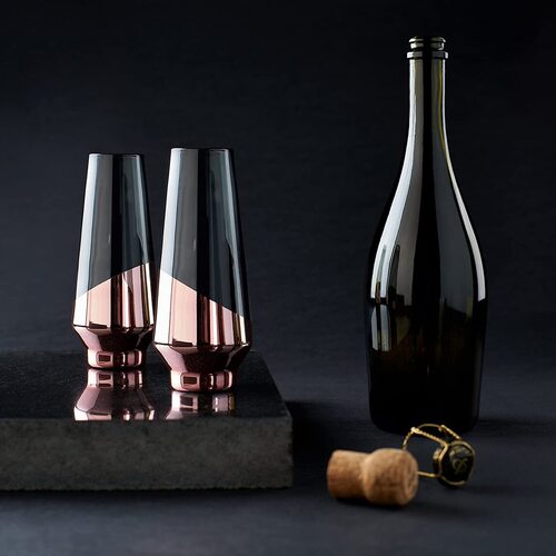 VISKI RAYE Dipped Tinted Crystal Champagne Flute Glass with Polished Copper Electroplating