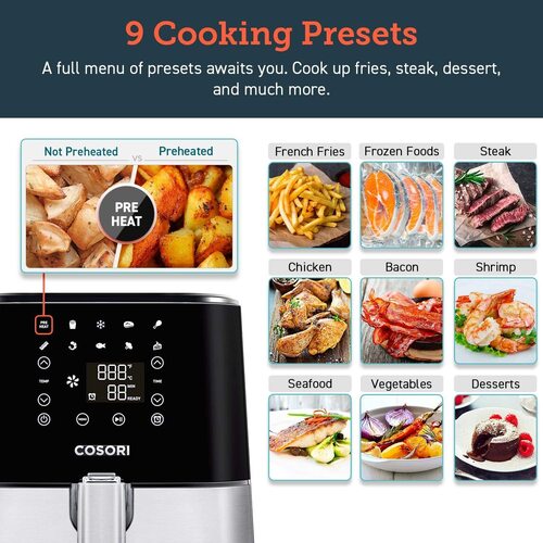 COSORI Stainless Steel 3.7 Qt Air Fryer with LCD Panel, Alarm, Adjustable Time and Temperature