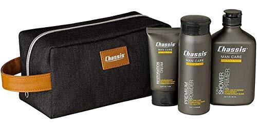 Chassis Premium Men's Care Gift Set included Body Powder, Shower Primer, Restoration Cream and Toiletry Bag