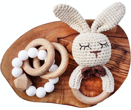 Mali Wear 2 piece Wooden Crochet Bunny and Silicone Bracelet Teething Baby Toys