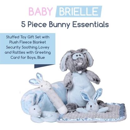 Baby Brielle 5 piece Stuffed Toy Gift Set with Plush Fleece Blanket Security Soothing Lovey and Rattles with Greeting Card for Boys, Blue