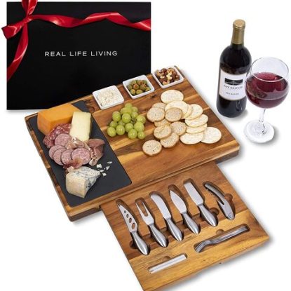 Real Life Living Acacia Wood Cheese Board and Knife Set with Removable Ramekins
