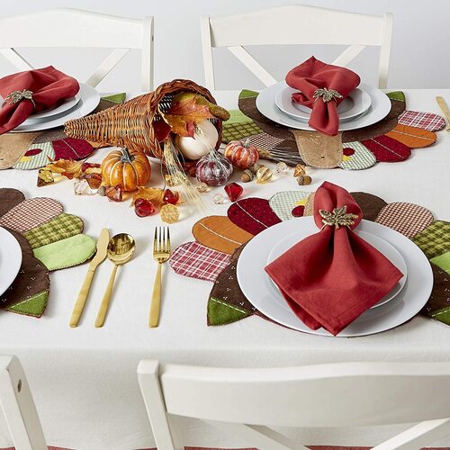 DII 4 pcs Beautiful Embroidered Thanksgiving Turkey Polyester Placemat