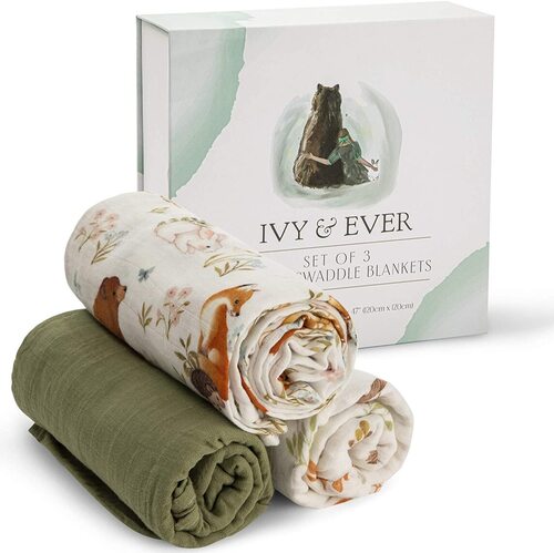 Ivy & Ever 3 pcs 100% Organic Muslin Baby Swaddle Blankets