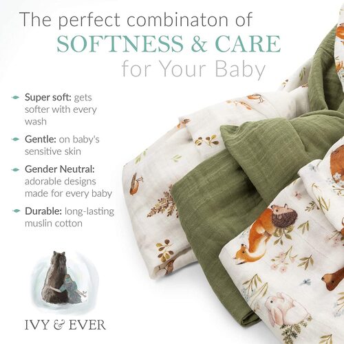 Ivy & Ever neutral designs organic cotton muslin swaddle blankets