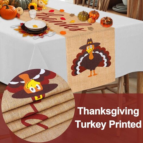 Mosoan Burlap Give Thanks Thanksgiving Turkey Table Runner Decor