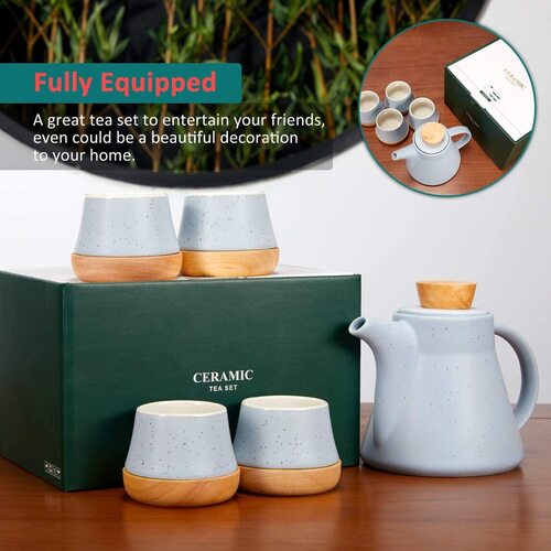 ROIMTEA Ceramic Teapot Set include 1 Teapot and 4 Matching Cups with Coasters in Gift Box