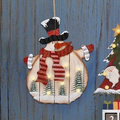 E-view Wood Snowman Hanging Christmas Sign with LED Bulbs