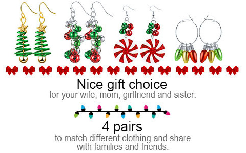 Hicarer 4 pairs Holiday specific elements Design Dangle Earrings Christmas Gift Choice for Mom, Wife, Girlfriend and Sister