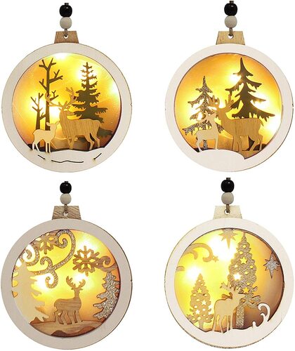 Joiedomi 4pcs Hanging Wooden Christmas Tree Ornaments with LED Light Xmas Decor