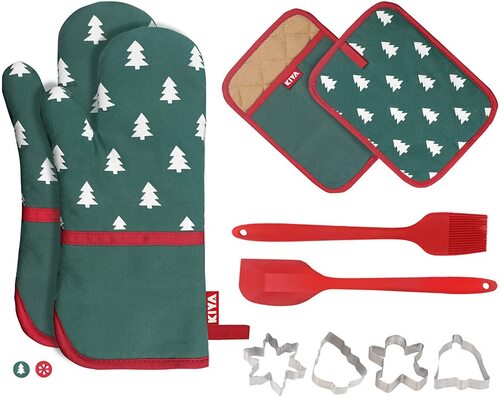 KIYA Christmas tree-Snowflakes Design kitchen oven mitts, pot holders, spatula, brush and cookie cutters