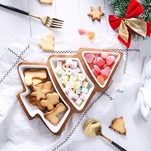ROSE CREATE 3 piece Removable White Porcelain Plates with Bamboo Christmas Tree Shape Tray