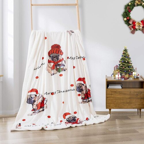 WONGS BEDDING 460 GSM Christmas Pug Printing Decorative Throw Blanket