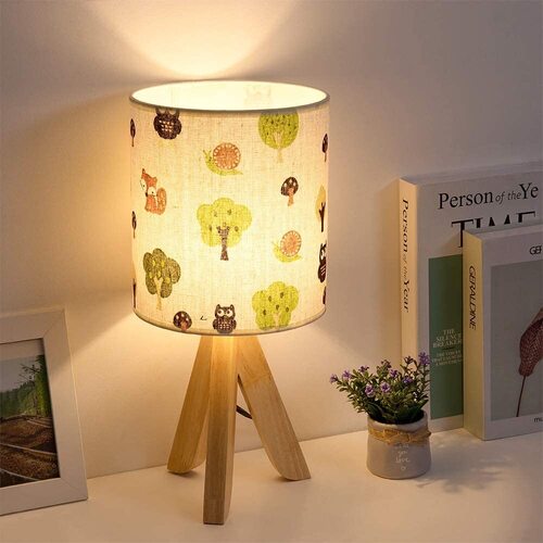 HAITRAL Tripod Table Lamp for Children bedroom with Wood Base and Fabric Lampshade