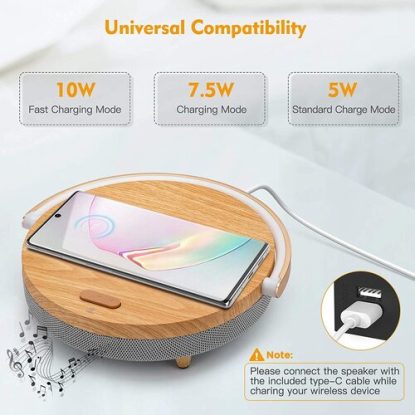 Wood Grain Bluetooth speaker with wireless charging, LED night light, Bluetooth 5.0