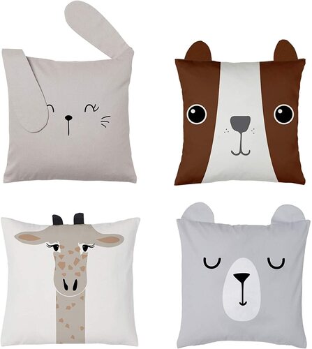 RainMeadow 4pcs 100% Cotton Animal-shaped with Cutest Ears Pillow Covers for Kids Room Decor