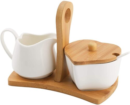 TIANGR sugar bowl and creamer pitcher set with bamboo tray and bamboo handle