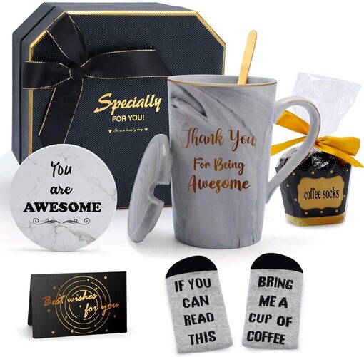 Youerls Thank You For Being Awesome Set of ceramic mug, coaster, metal spoon and socks for Women in Beautiful Gift Box