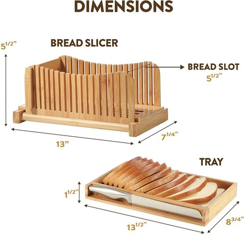 Bambüsi Bamboo Foldable 3 sizes Bread Slicer with Crumb Catcher Tray and Stainless Steel Knife include storage bag