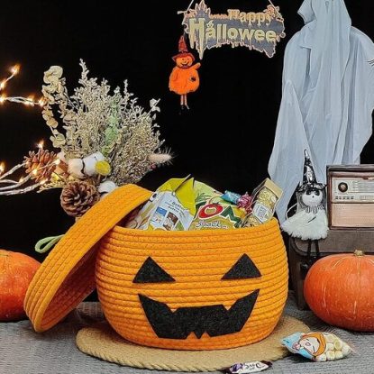Lixinju Cotton Rope Woven Decorative Pumpkin Halloween Storage Basket with Lid