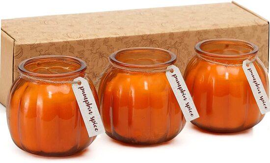 ‎FUND AMLIGHT Natural Soy Wax pumpkin shaped jars candles for Fall, Thanksgiving and Halloween decorations