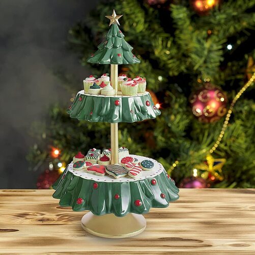 Hellosay Christmas Tree Shaped 2 Tier Serving Tray Plates for Cupcake, Candy, Snack