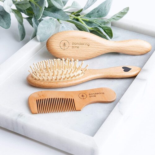 Pondering Pine Natural Wooden Hair Brush and Comb Gift Set for Babies