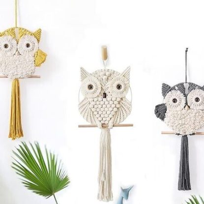 Achart Store's Owl Macrame Wall Hanging in Beige, Grey, and Yellow