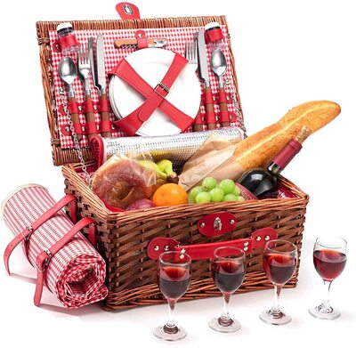 E-riding Wicker Picnic Basket Set for 4 with Insulated Cooler Compartment and Waterproof Blanket