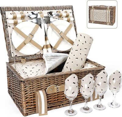 Wicker Picnic Basket for 4 Persons with Large Insulated Cooler Bag
