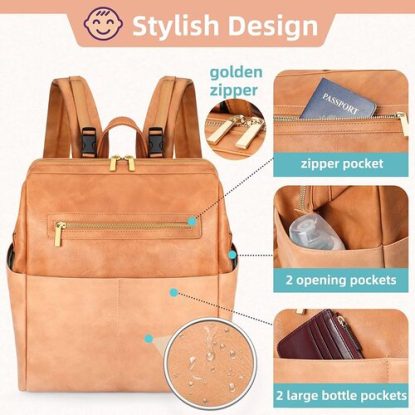 Mominside Stylish Vegan Leather Baby Diaper Bag Backpack with luggage and stroller straps