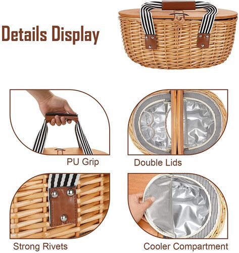 Handwoven Picnic Basket with Big Insulated Cooler and Double Lids