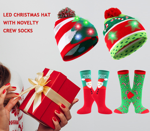 Cute Gift Idea 2 packs of LED Christmas hats and 2 pairs of Christmas crew socks