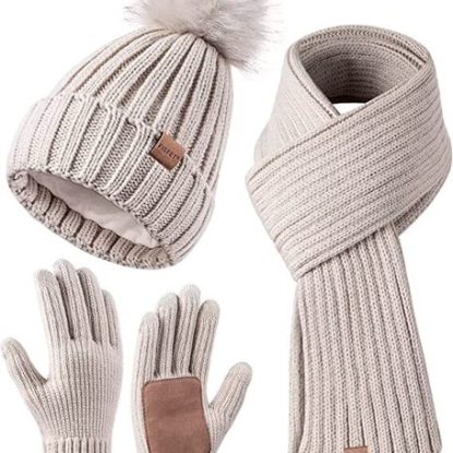 Womens Winter Beanie Knitted Hat, Scarf and Gloves Set