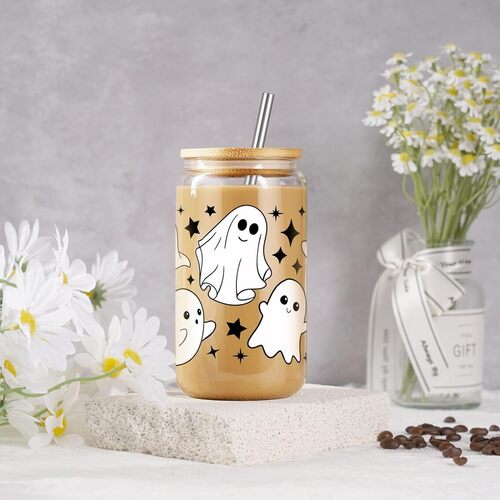 16 oz Coolife Ghost Halloween Cup with Bamboo Lid and Straw