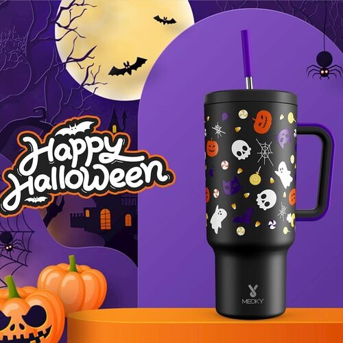 40 oz. insulated stainless steel tumbler with a handle designed for Halloween