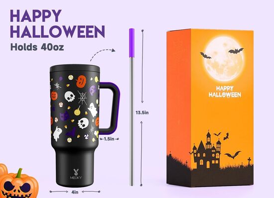 Non-slip and leak-proof Meoky Spooky Halloween Tumbler with Handle